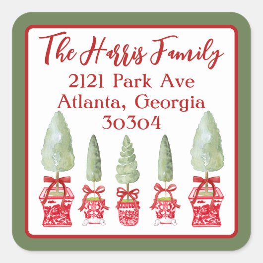 Rood & Wit Chinoiserie Topiary Retouradres Vierkante Sticker (Voorkant)