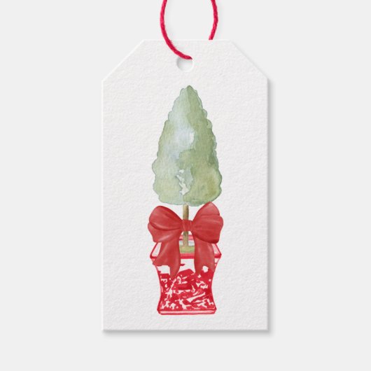 Rood & Wit Chinoiserie Topiary Vakantie Cadeaulabel (Voorkant)