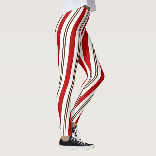 Rood Wit & Chocolade Candy Cane Stripes Kerstmis Leggings (Rechts)