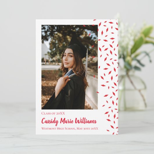 Rood wit Confetti Afstuderen Aankondiging (Staand voorkant)