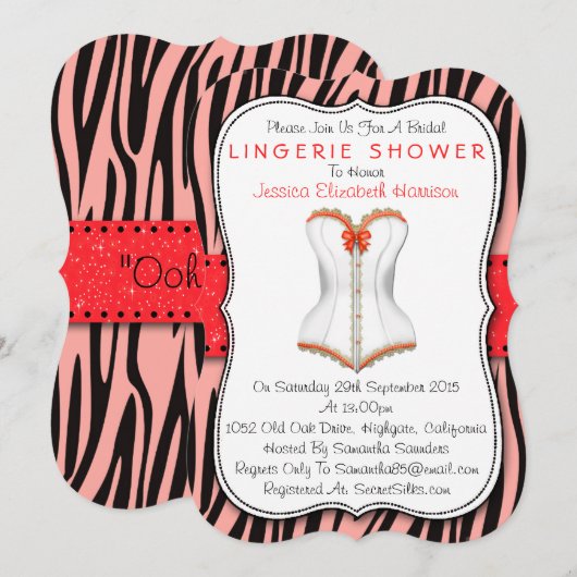 Rood & wit corset op Zebra Print Lingerie Shower Kaart (Voorkant / Achterkant)
