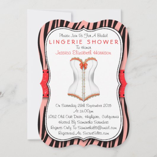 Rood & wit corset op Zebra Print Lingerie Shower Kaart (Voorkant)
