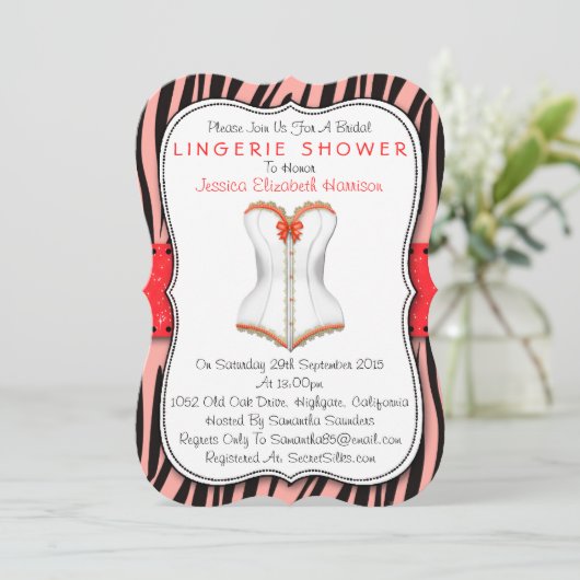 Rood & wit corset op Zebra Print Lingerie Shower Kaart (Staand voorkant)