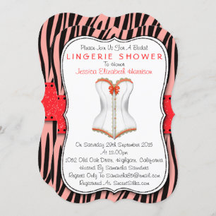 Rood & wit corset op Zebra Print Lingerie Shower Kaart