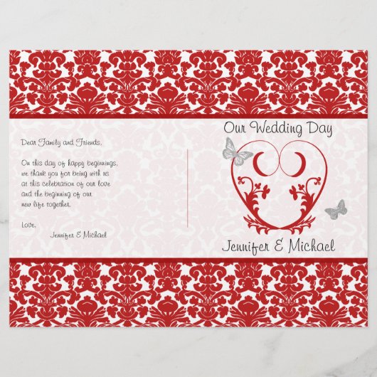 Rood, wit Damask Heart Butterfly Wedding Programme (Voorkant)