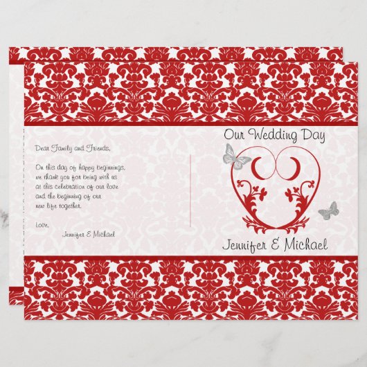 Rood, wit Damask Heart Butterfly Wedding Programme (Voorkant / Achterkant)