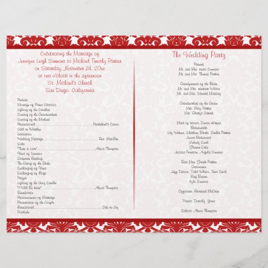 Rood, wit Damask Heart Butterfly Wedding Programme (Achterkant)