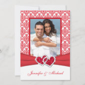 Rood & wit Damask & Hearts Fotouitnodiging Kaart (Voorkant)