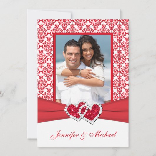 Rood & wit Damask & Hearts Fotouitnodiging Kaart (Voorkant)