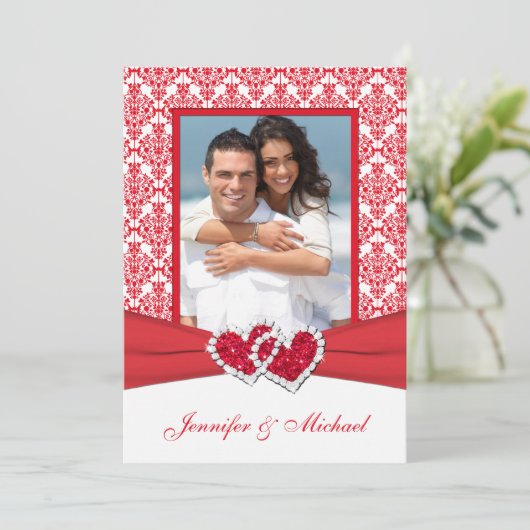 Rood & wit Damask & Hearts Fotouitnodiging Kaart (Staand voorkant)