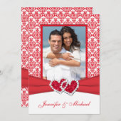 Rood & wit Damask & Hearts Fotouitnodiging Kaart (Voorkant / Achterkant)
