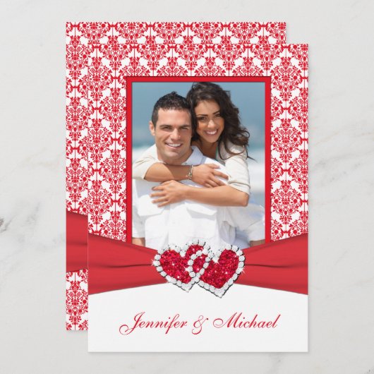 Rood & wit Damask & Hearts Fotouitnodiging Kaart (Voorkant / Achterkant)