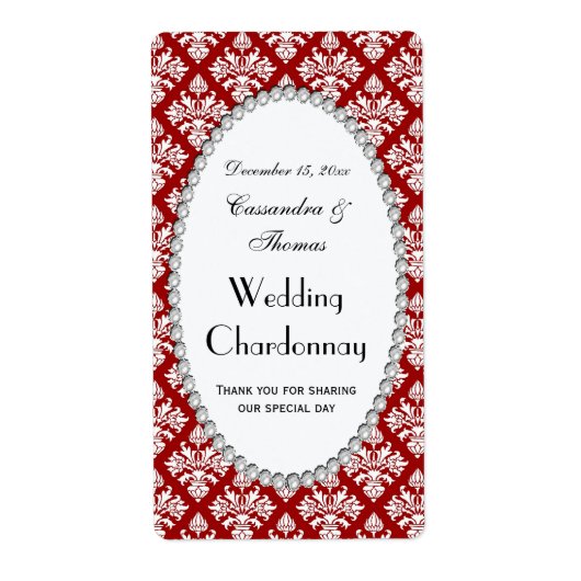 Rood Wit Damask Pearl V Wijnflesetiket Etiket (Voorkant)