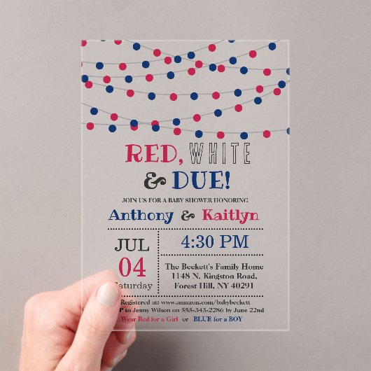Rood, wit & due! 4 juli Baby shower Acryl Uitnodigingen (Insitu (Draagbaar))