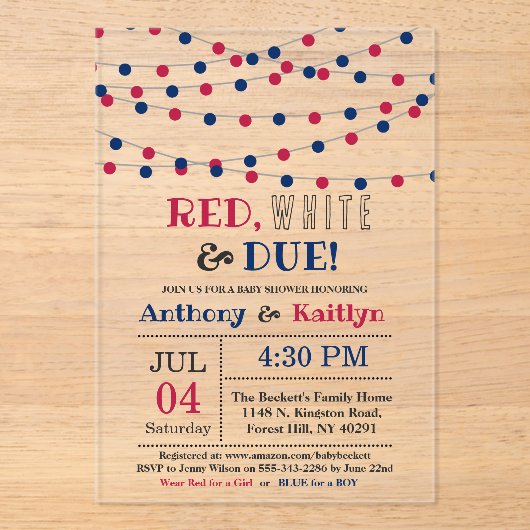 Rood, wit & due! 4 juli Baby shower Acryl Uitnodigingen (Voorkant)