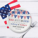 Rood, wit & due! 4 juli Baby shower Papieren Bordje<br><div class="desc">Vier in stijl met deze trendy 4 juli baby shower papieren borden. Het ontwerp is gemakkelijk te personaliseren met uw eigen formulering en uw familie en vrienden zullen blij zijn wanneer ze deze fantastische partij borden zien. Overeenkomende objecten vindt u in de collectie.</div>