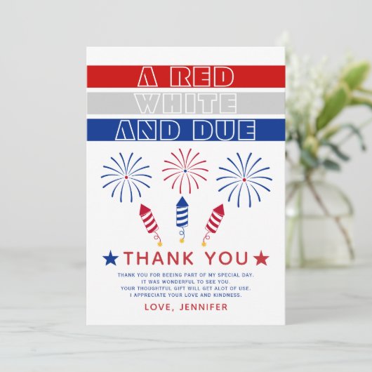 Rood Wit Due 4th van juli vuurwerk baby shower Bedankkaart (Staand voorkant)