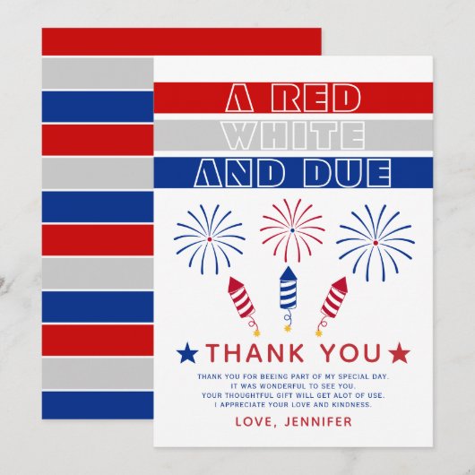 Rood Wit Due 4th van juli vuurwerk baby shower Bedankkaart (Voorkant / Achterkant)
