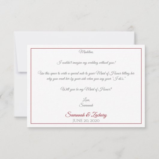 Rood & Wit Elegant Be My Maid of Honor Kaart (Achterkant)