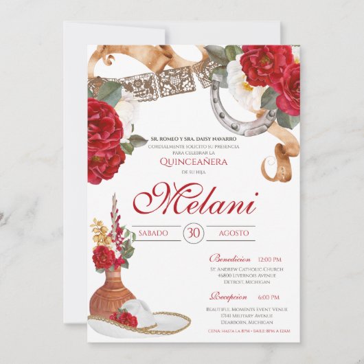 Rood wit Elegant Roos Charro Mariachi Quinceanera Kaart (Voorkant)