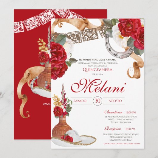 Rood wit Elegant Roos Charro Mariachi Quinceanera Kaart (Voorkant / Achterkant)