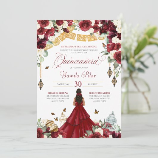 Rood wit elegant vlindervlinder Quinceanera V3 Kaart (Staand voorkant)