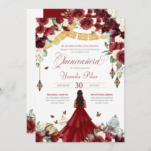 Rood wit elegant vlindervlinder Quinceanera V4 Kaart (Voorkant / Achterkant)