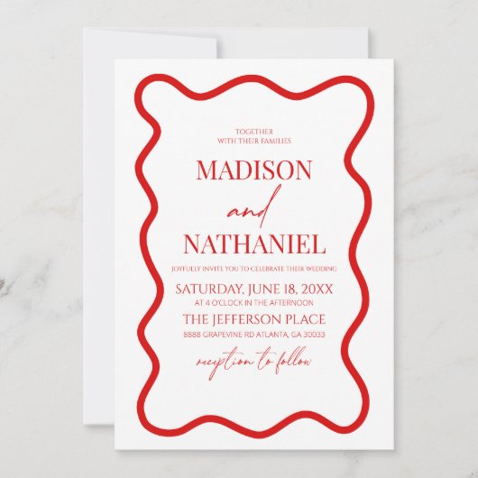Rood Wit Elegant Wavy Border Wedding Kaart (Voorkant)