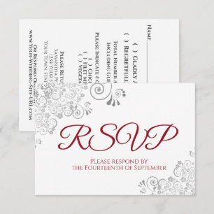 Rood & Wit Elegant Zilveren Kant Bruiloft RSVP Kaartje