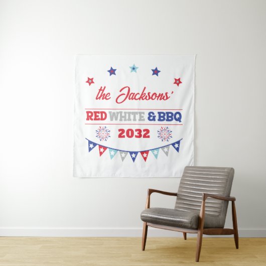 Rood wit en BBQ 4 juli familienaam vuurwerk Wandkleed (In situ)