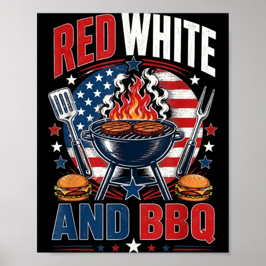 Rood Wit En Bbq 4e Juli Patriottische Bbq USA Poster (Voorkant)