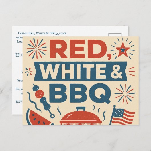 Rood, wit en BBQ Uitnodiging Briefkaart (Voorkant / Achterkant)