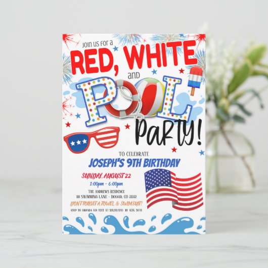 Rood Wit en Blau Zwembad Feest Uitnodiging (Staand voorkant)