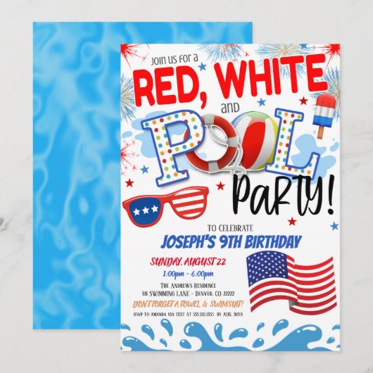 Rood Wit en Blau Zwembad Feest Uitnodiging (Voorkant / Achterkant)