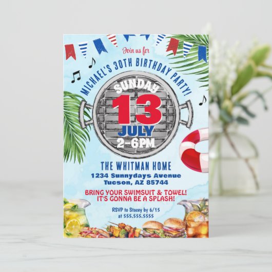 Rood Wit en Blauw 30e Verjaardag BBQ Zwembad Feest Kaart (Staand voorkant)
