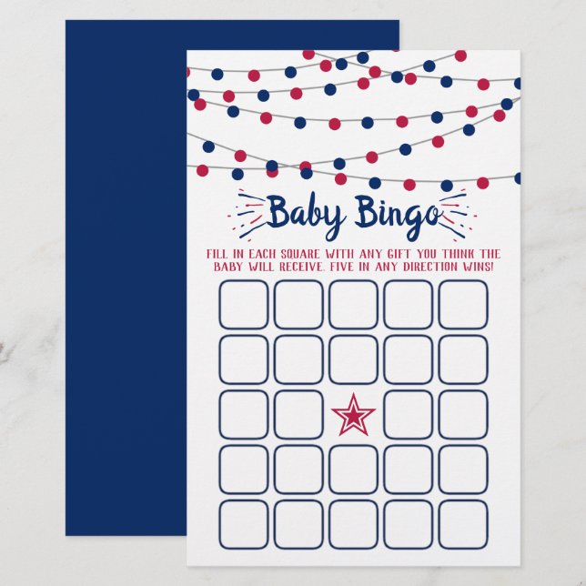 Rood, wit en blauw 4 juli Baby shower bingo (Voorkant / Achterkant)