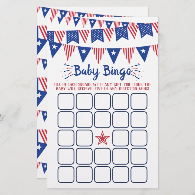 Rood, wit en blauw 4 juli Baby shower bingo (Voorkant / Achterkant)