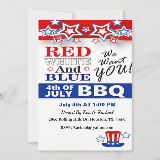 Rood wit en blauw 4 juli barbecue kaart (Voorkant)