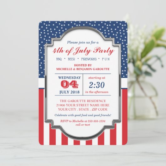 Rood, Wit en Blauw 4 juli Feestuitnodiging Kaart (Staand voorkant)