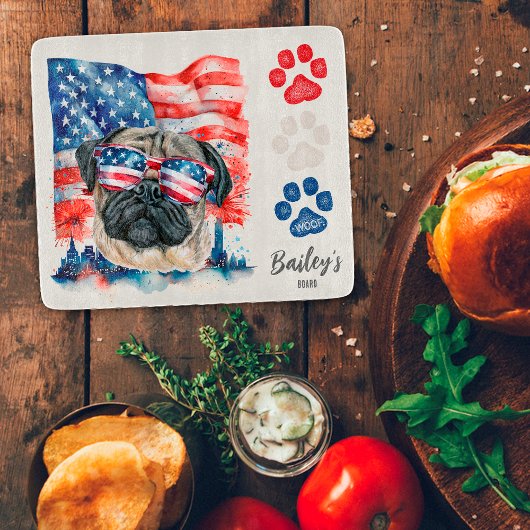 Rood Wit en Blauw 4 juli Grappige Pug Hond Snijplank