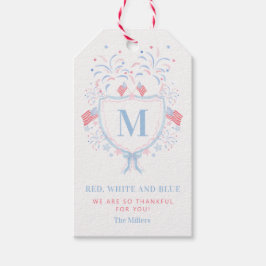 Rood, Wit en Blauw 4 juli Monogram Crest Cadeaulabel