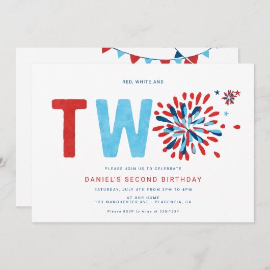 Rood wit en blauw 4 juli tweede verjaardag kaart (Voorkant / Achterkant)