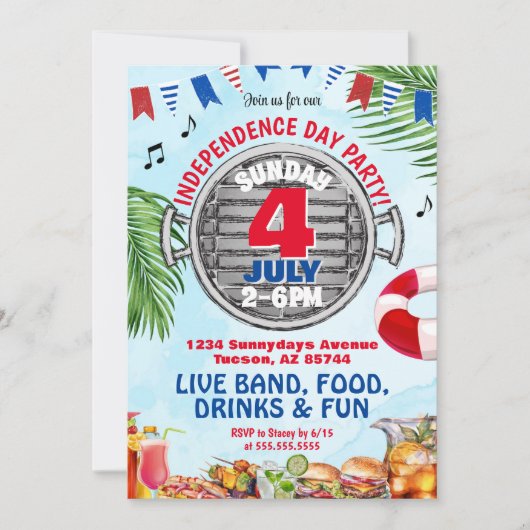 Rood Wit en Blauw 4 juli Zwembad Party BBQ Kaart (Voorkant)