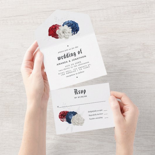 Rood Wit en Blauw Amerikaanse Bruiloft All In One Uitnodiging (Afscheurbaar)