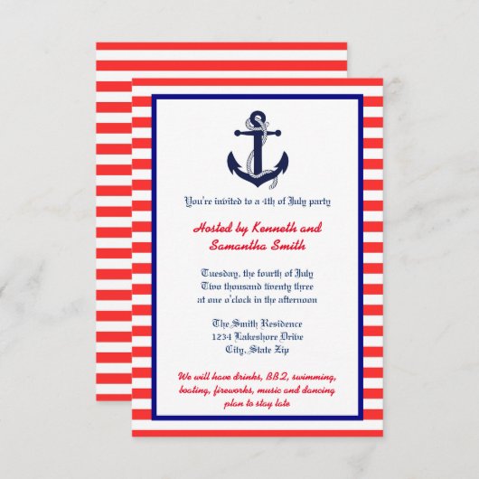 Rood wit en blauw anker - 3x5 partijuitnodiging kaart (Voorkant / Achterkant)