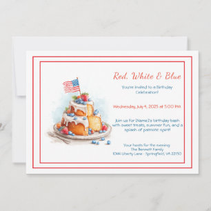 Rood Wit en Blauw Aquarel Verjaardagsuitnodiging  Kaart