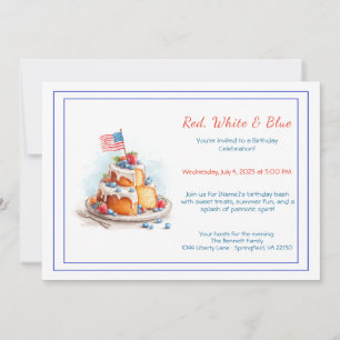 Rood Wit en Blauw Aquarel Verjaardagsuitnodiging  Kaart