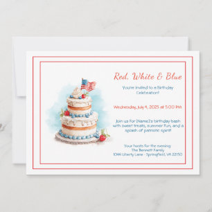 Rood Wit en Blauw Aquarel Verjaardagsuitnodiging  Kaart