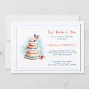 Rood Wit en Blauw Aquarel Verjaardagsuitnodiging  Kaart