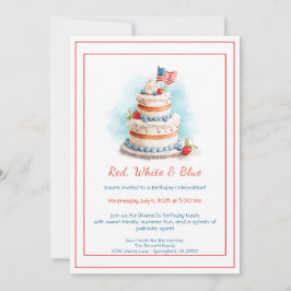 Rood Wit en Blauw Aquarel Verjaardagsuitnodiging Kaart